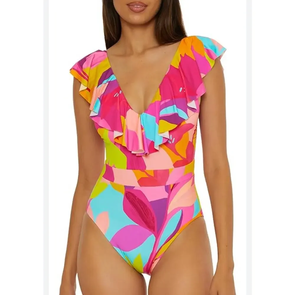 🌺 Trina Turk Fan Faire Ruffle One Piece Swimsuit Size 10 NWT